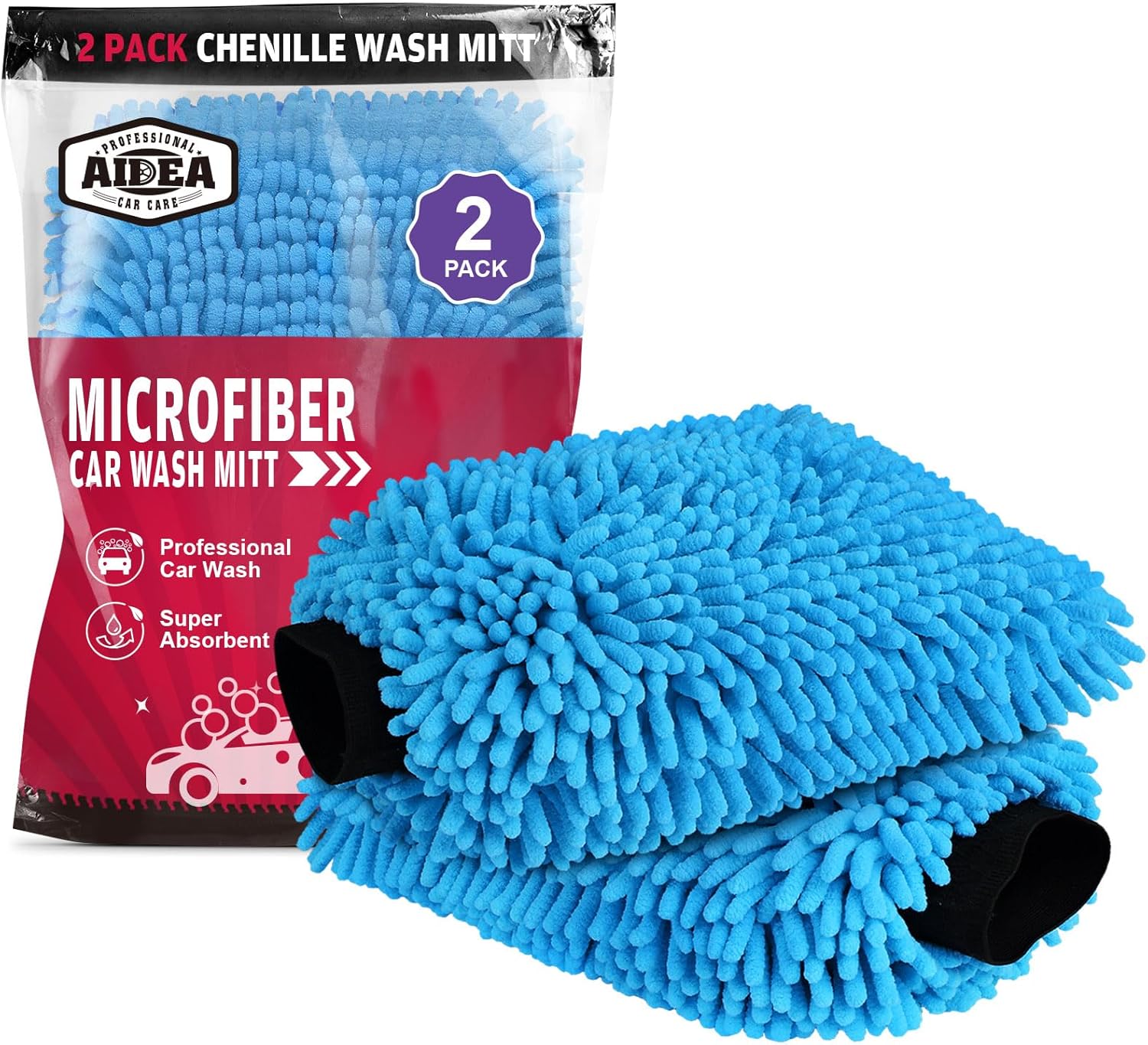AIDEA Car Wash Mitt Microfiber-2PK, Scratch-Free& Lint-Free, Premium Chenille Microfiber Wash Mitt-Blue Regular Size (7.12''X1 - best wash mitts