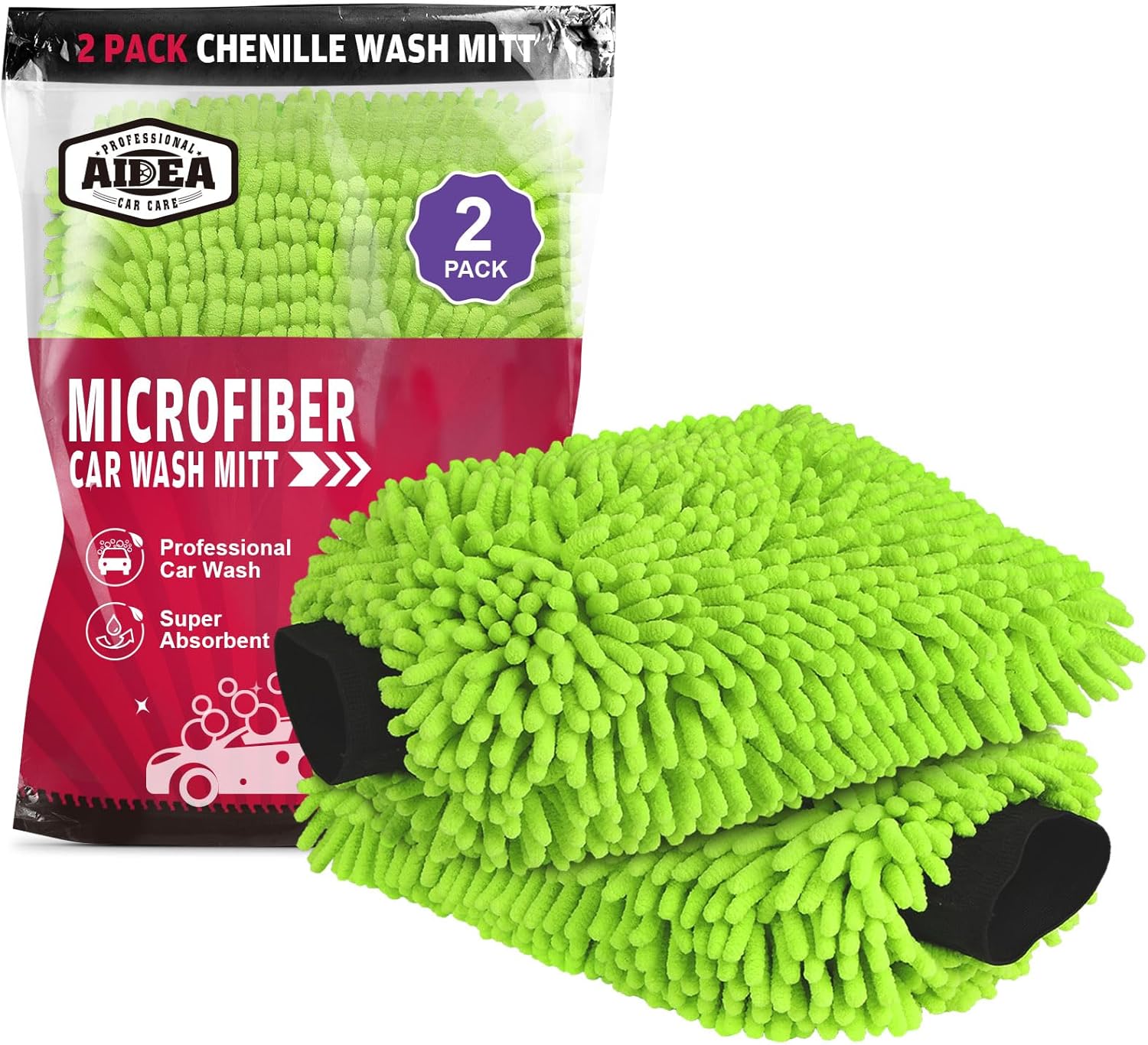 AIDEA Car Wash Mitt Microfiber, 2PK Scratch Free Lint-Free, Premium Chenille Microfiber Mitt Car Wash Brush, Green, Regular Si - best wash mitts