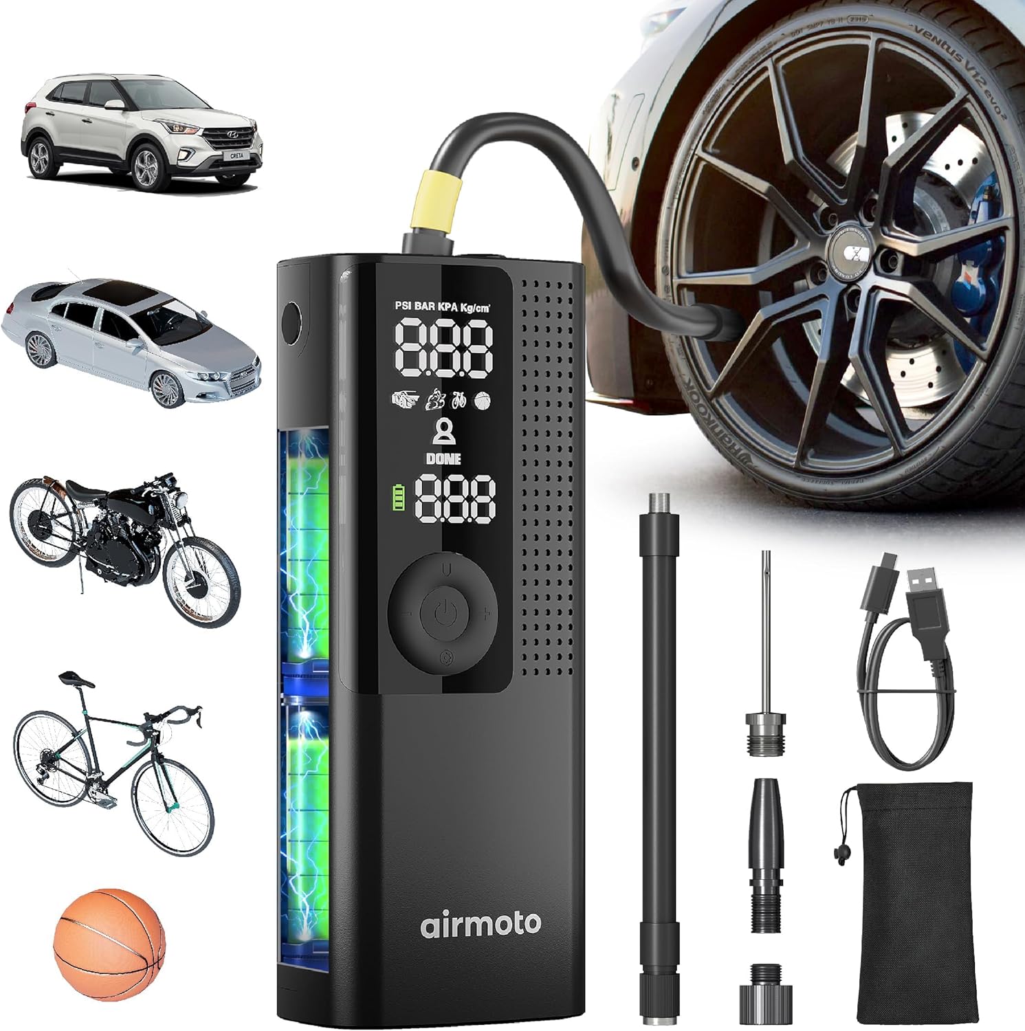 Airmoto Tire Inflator Portable Air Compressor - Air Pump for Car Tires with Digital Pressure Gauge, LED Light and Auto Shut-Off  - best portable tire inflators