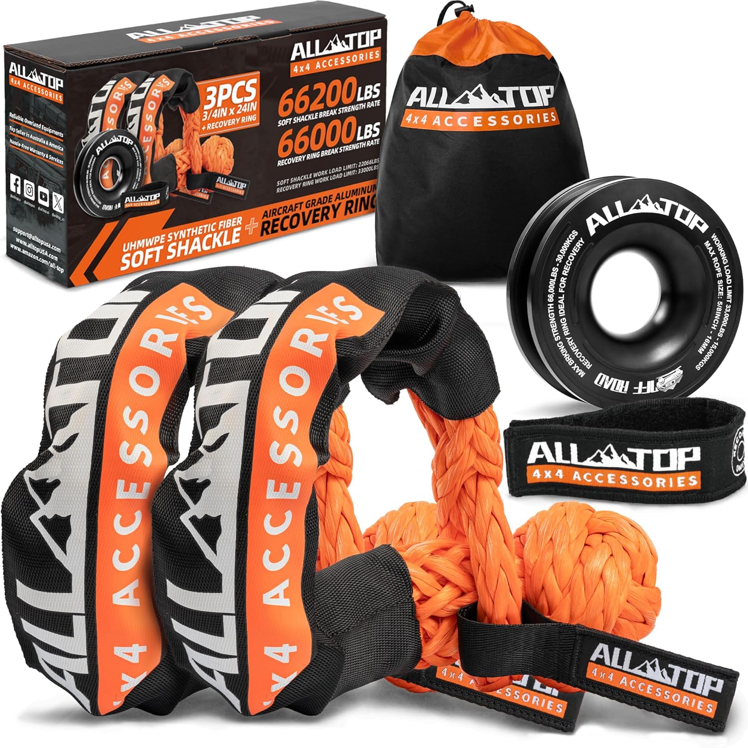 ALL-TOP Extreme Duty Tow Strap Recovery Kit: 4inch x 30ft (46,500lbs) 100% Nylon and 22% Elongation Snatch Strap + 3/4 Heavy Dut - best tow straps
