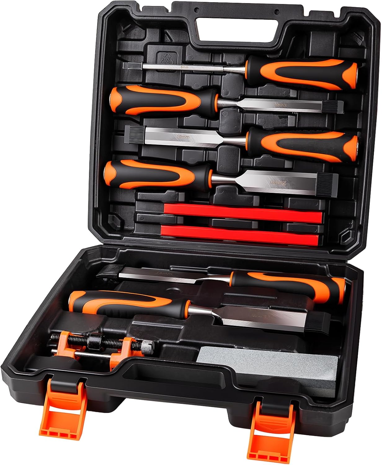 Amazon Basics 8-Piece Wood Chisel Set for Woodworking, with Honing Guide, Sharpening Stone and Storage Case, 1/4