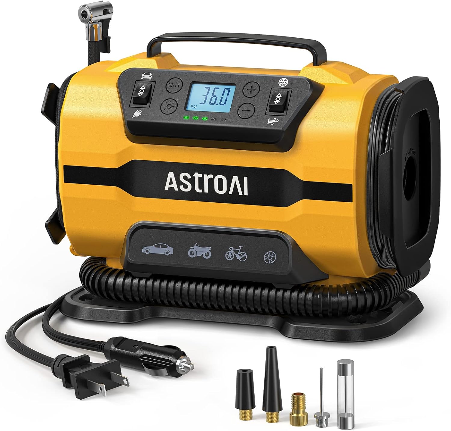 AstroAI Tire Inflator Portable Air Compressor Pump 150PSI 12V DC/110V AC with Dual Metal Motors&LED Light, Automotive Car Access - best portable air compressor for garage