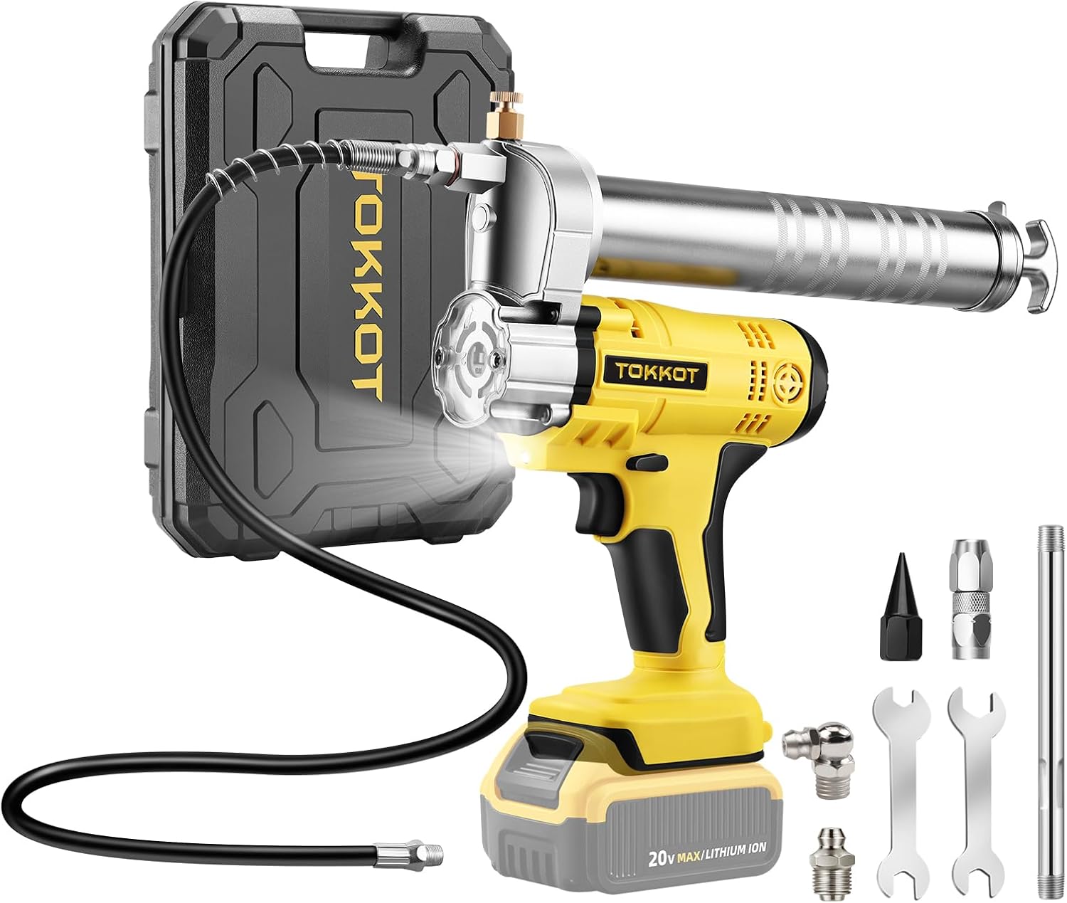 ATIVERE Lithium Battery Grease Gun Cordless for DeWalt 20V Max Battery (NO Battery) Yellow with 12” Spring Flex Hose, 10000 PSI