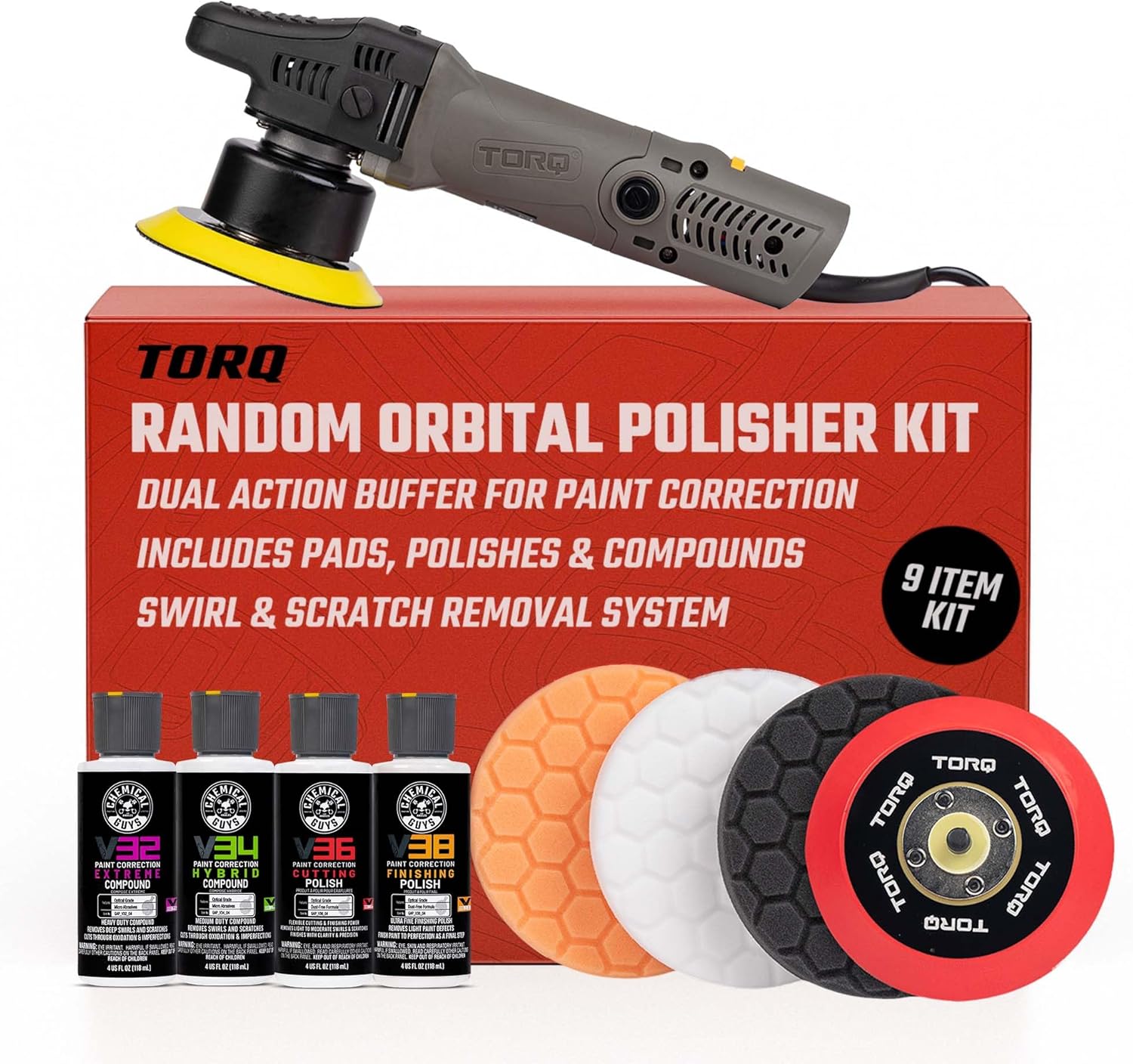 Chemical Guys TORQX Random Orbital Polisher Complete Car Detailing Kit - Pads, Pad Cleaner, Conditioner & Towels, Safe for Cars,  - best car polishers for beginners