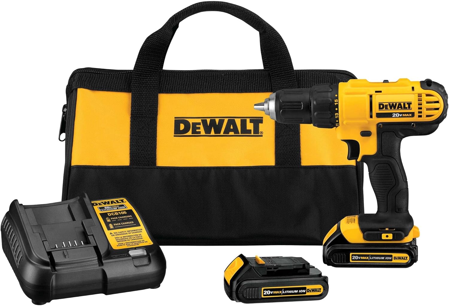 DEWALT 20V Max Cordless Drill Driver Set, 2 Speed, High Performance Motor, Includes 2 XR 1.3Ah Li-Ion Batteries, Charger and Co - best cordless drill