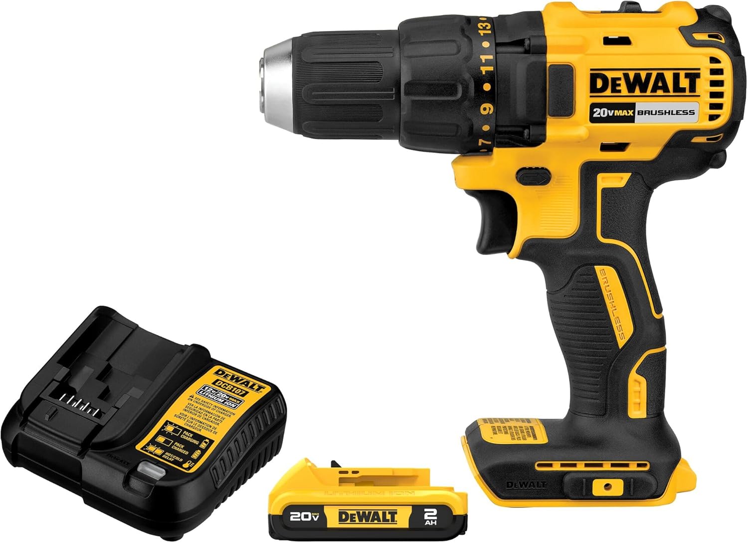 DEWALT 20V MAX Cordless Drill Driver Set, Electric Drill, Brushless 1/2 In 2 Speed, 2.0 Ah Battery and Charger Included, LED Li - best cordless drill