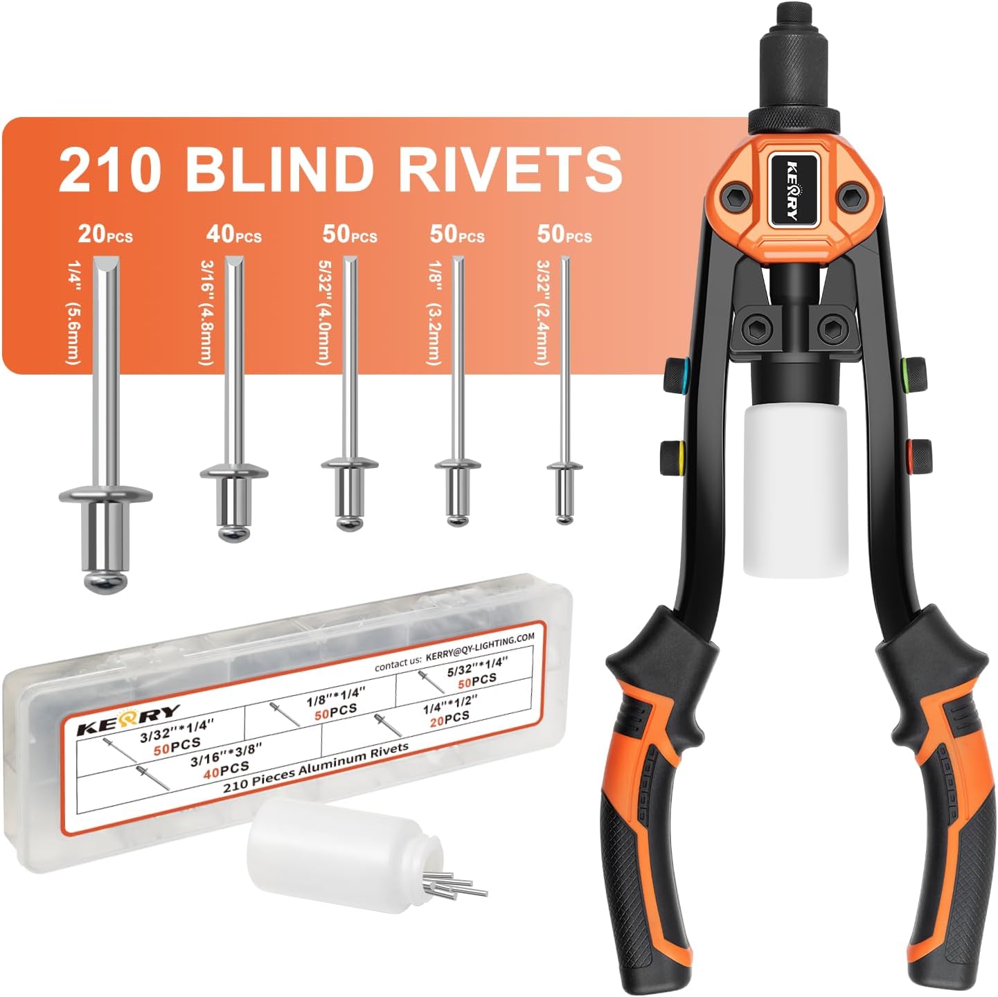 Duratl Rivet Gun, 1/4 Pop Rivet Gun Kit with 200 Blind Rivets, 5 Interchangeable Rivet Heads (3/32