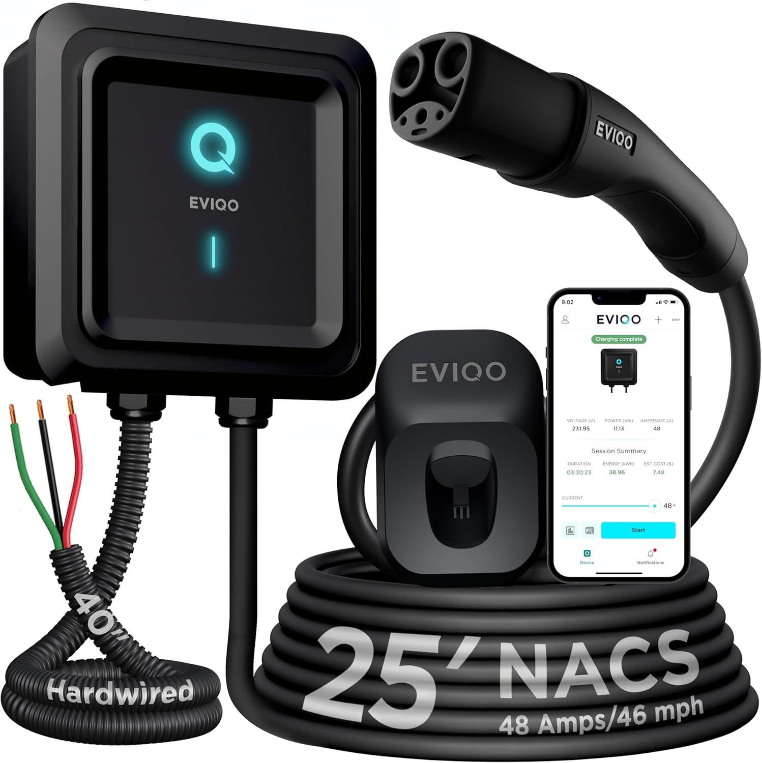 EVIQO Level 2 EV Charger, 48 Amp, J1772 for Non-Tesla EVs, 25ft Cable, WiFi (2.4GHz) Smart App, Weatherproof Indoor/Outdoor (I