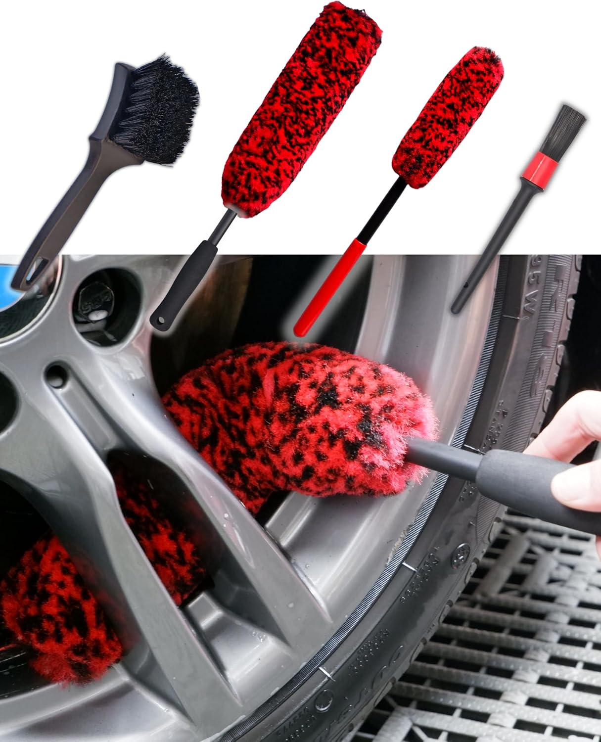 ExoForma Bendable Brush Set - Unique Adjustable 2-Piece Wheel Brush Set Cleans Behind Wheels - Tough Yet Gentle Wool Fiber + No-S - best wheel brush set