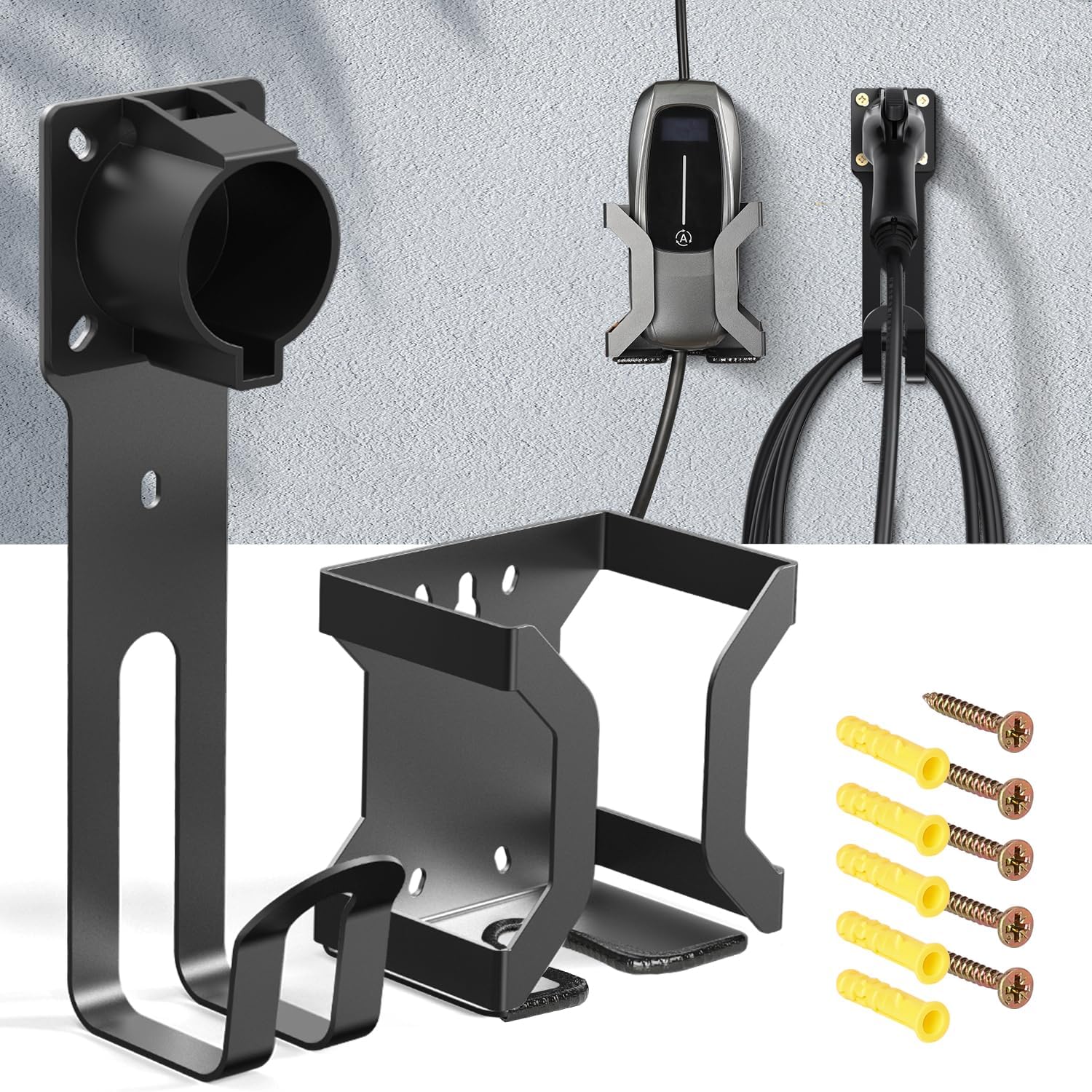 FOCSPROD EV Charger Holder, with 180° Rotation Nozzle Dock, Metal J-Hook for SAE J1772 Charger Holder Organizer Wall-Mount Connec