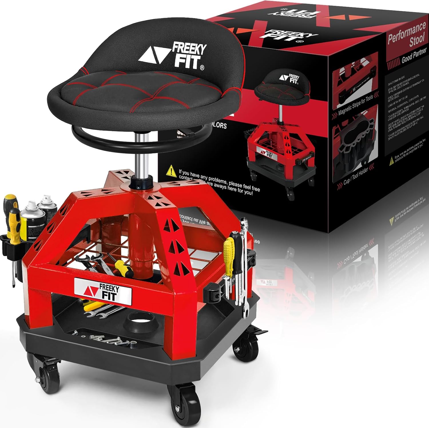 FREEKYROCK Rolling Shop Stool with Wheels, Garage Mechanic Shop Chair with Handle Backrest, Adjustable Height Work Stool, Roller Se - best detailing stool