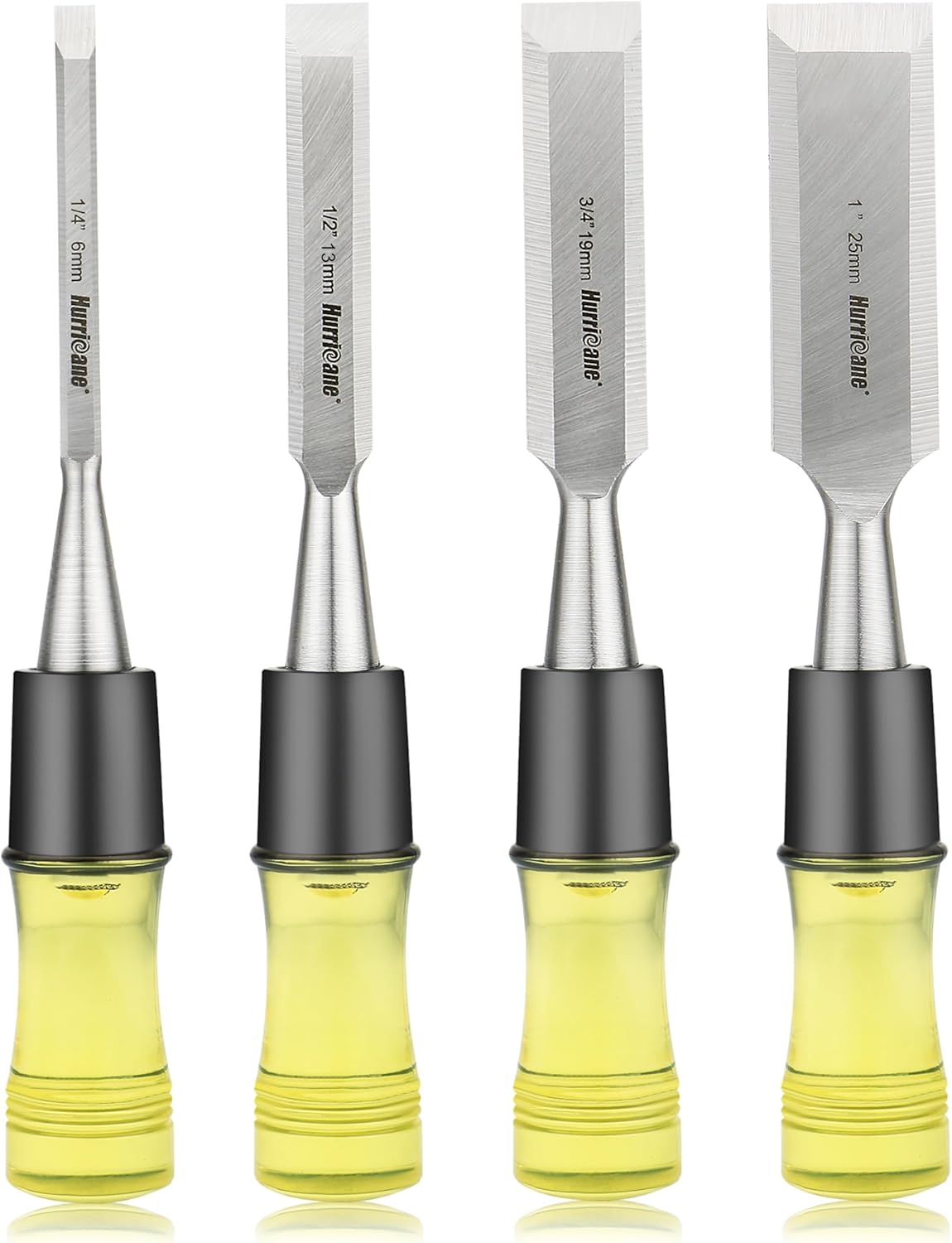 HURRICANE 4 Piece Wood Chisel Set for Woodworking. CR-V Steel Beveled Edge Blades with Safety Caps. Durable PVC High Impact Handle - best wood chisel set