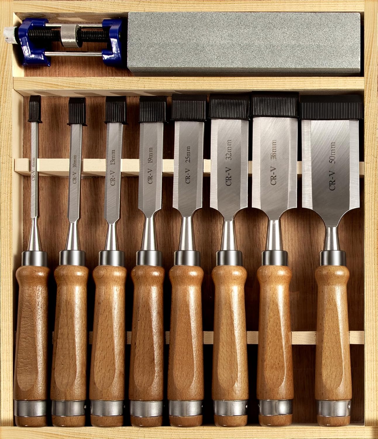 IMOTECHOM 10-Pieces Woodworking Wood Chisel Set with Wooden Box, Honing Guide, Sharpening Stone, Razor Sharp CR-V 60 Steel Blades  - best wood chisel set