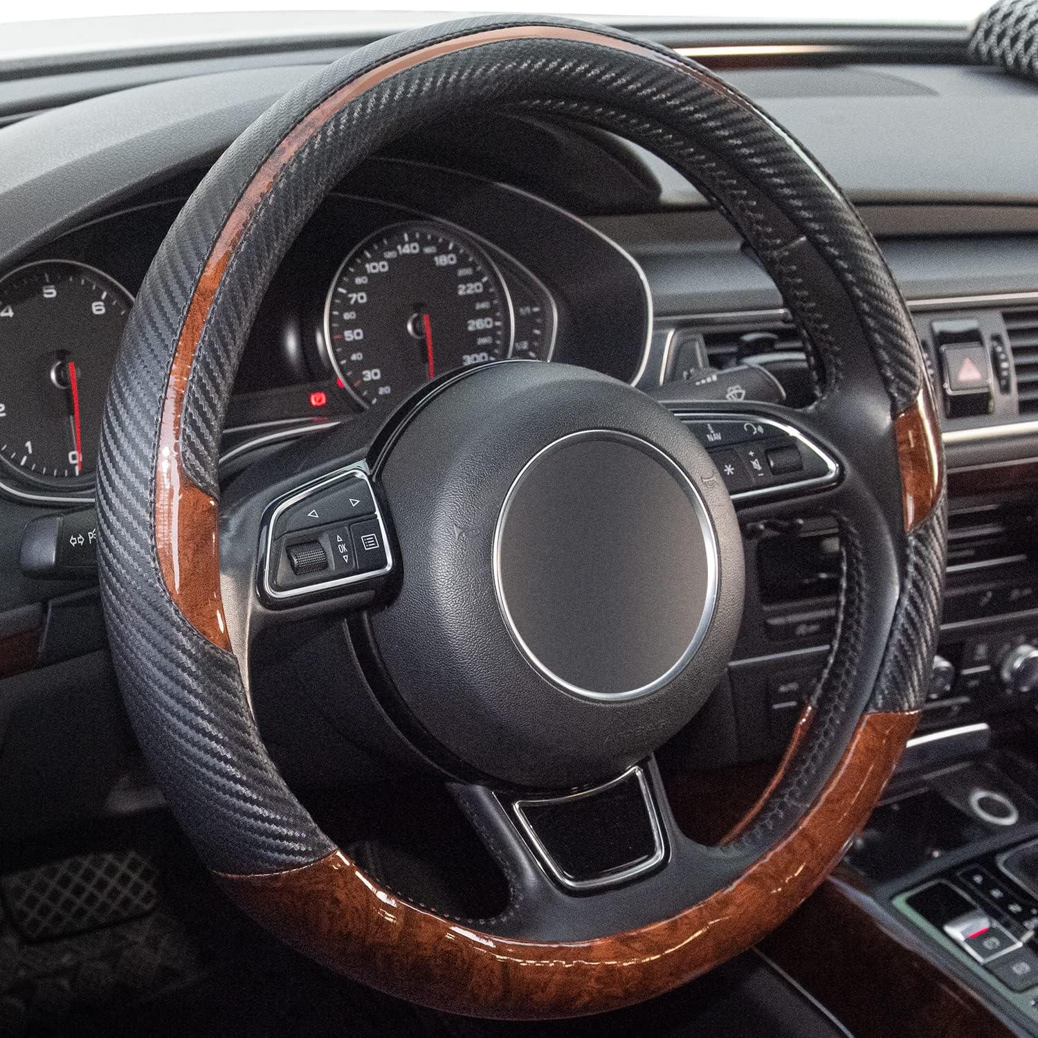 KAFEEK Wood Grain Steering Wheel Cover, Universal 15 inch, Microfiber Leather,Anti-Slip, Odorless - best steering wheel cover