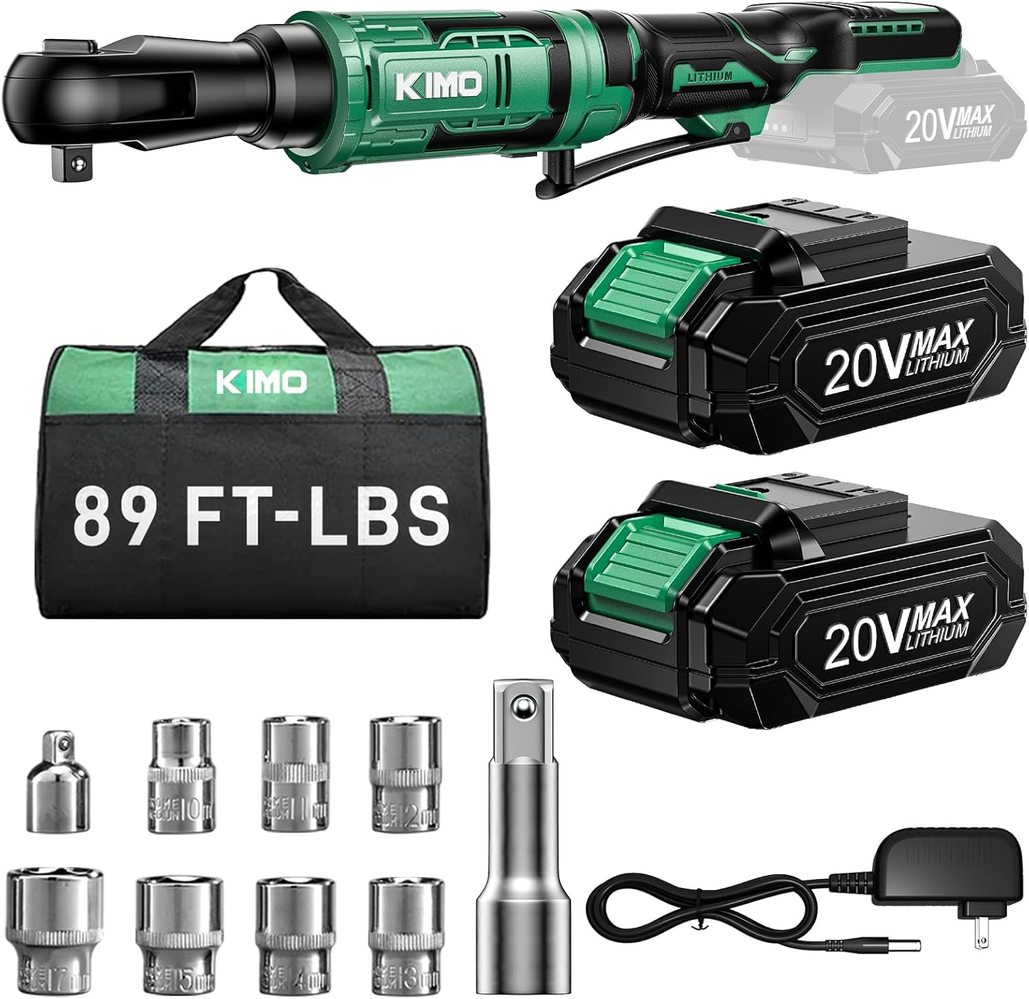 KIMO 20V Cordless Ratchet Wrench 3/8, 89Ft-lbs 400RPM Electric Ratchet Wrench Set with Variable Speed, 2x2.0Ah Battery Ratche - best electric ratchet wrench