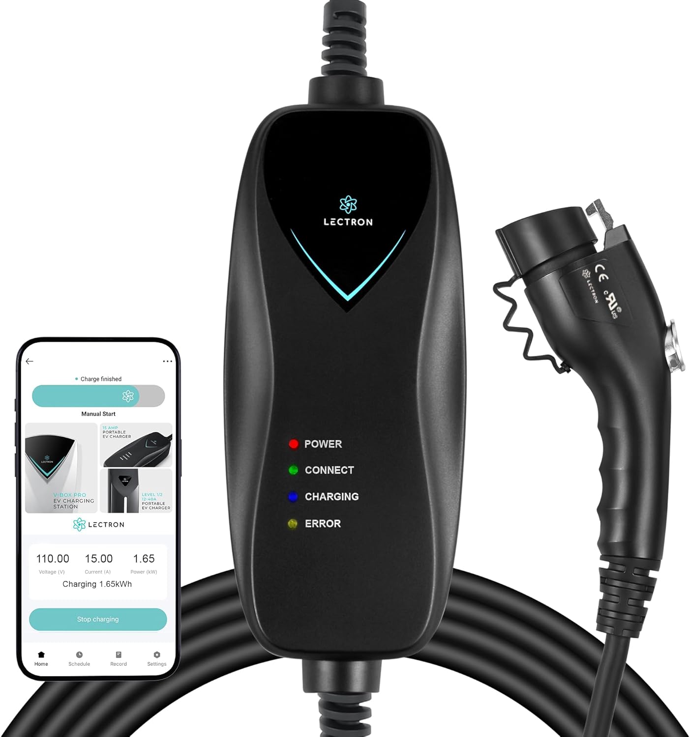 Level 1&2 Portable EV Charger (WiFi) with App Control, 8-16Amp Adjustable Current & Timer, 110V–240V, NEMA 5-15 & 6-20 Plug, 2