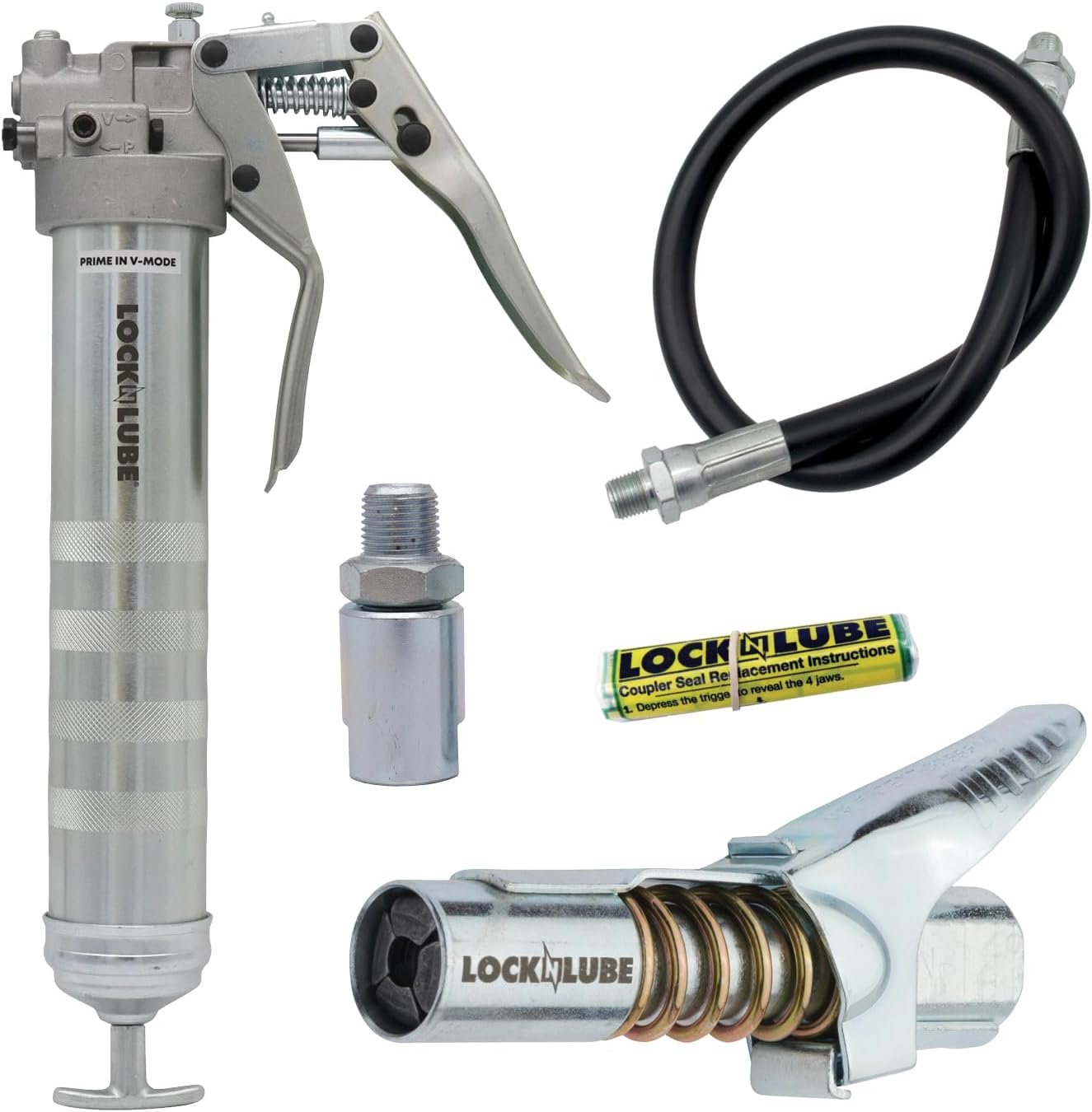 LockNLube Heavy-Duty Pistol Grip Grease Gun. Includes our patented LockNLube® Grease Coupler (Locks On, Stays On, Won't Leak!) plu