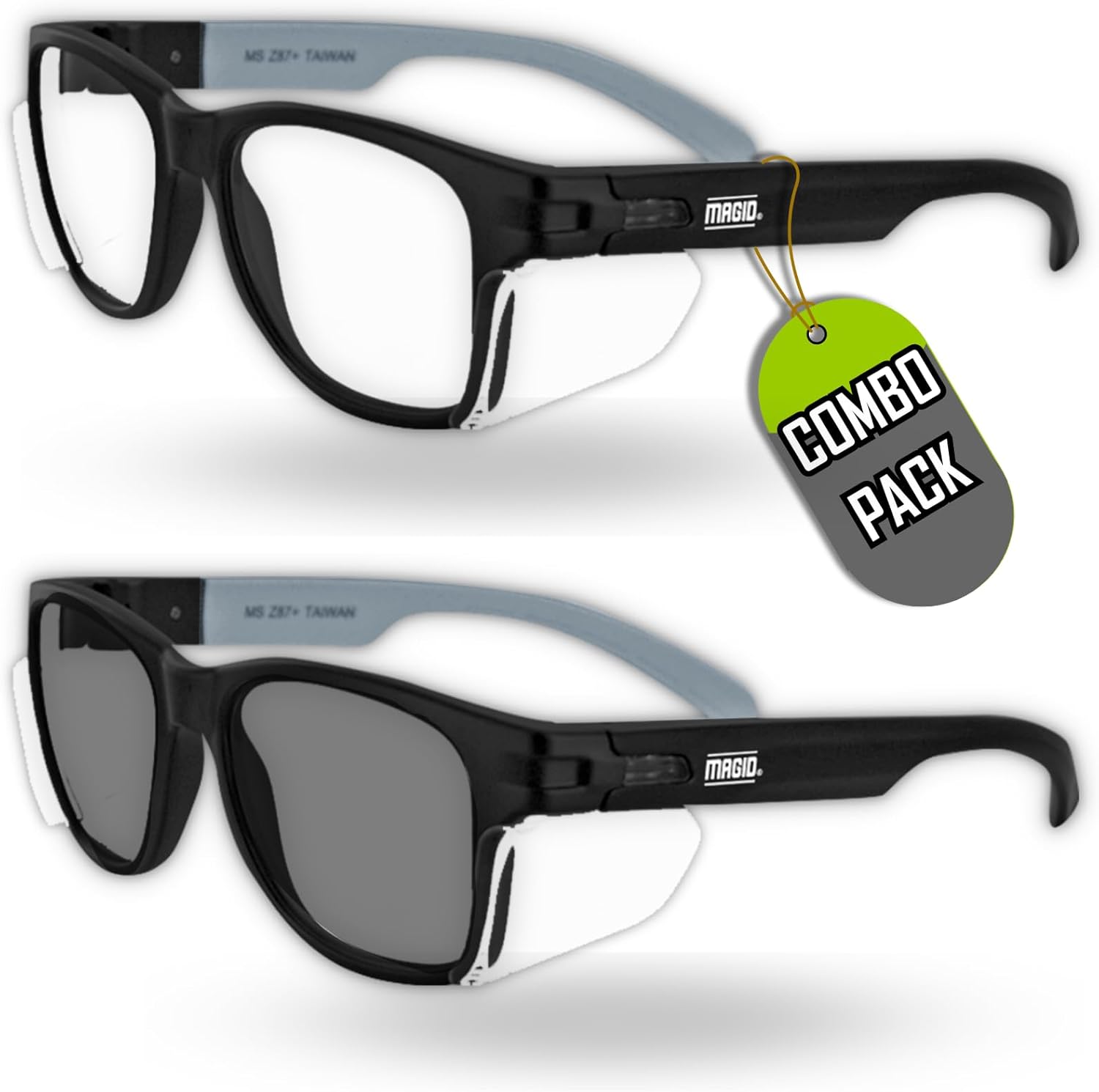 MAGID Y50 Safety Glasses, ANSI Z87.1, Anti-Fog UV Protection, 2 Pack Combo Lens 1 Clear 1 Gray, Side Shields, Black Frame, 2 P - best safety glasses