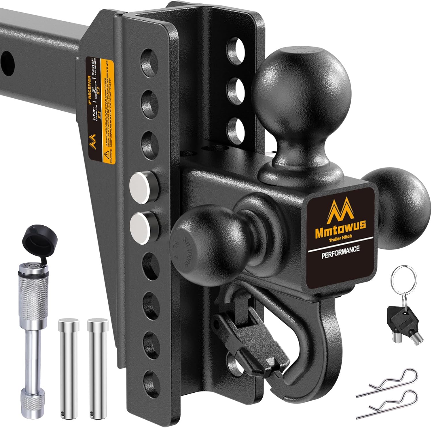 Mmtowus Adjustable Trailer Hitch -Drop Hitch -Tri Ball Mount with Hook (1-7/8'', 2''&2-5/16''), Fits 2-Inch Receiver, 6'' Drop/R - best trailer hitch