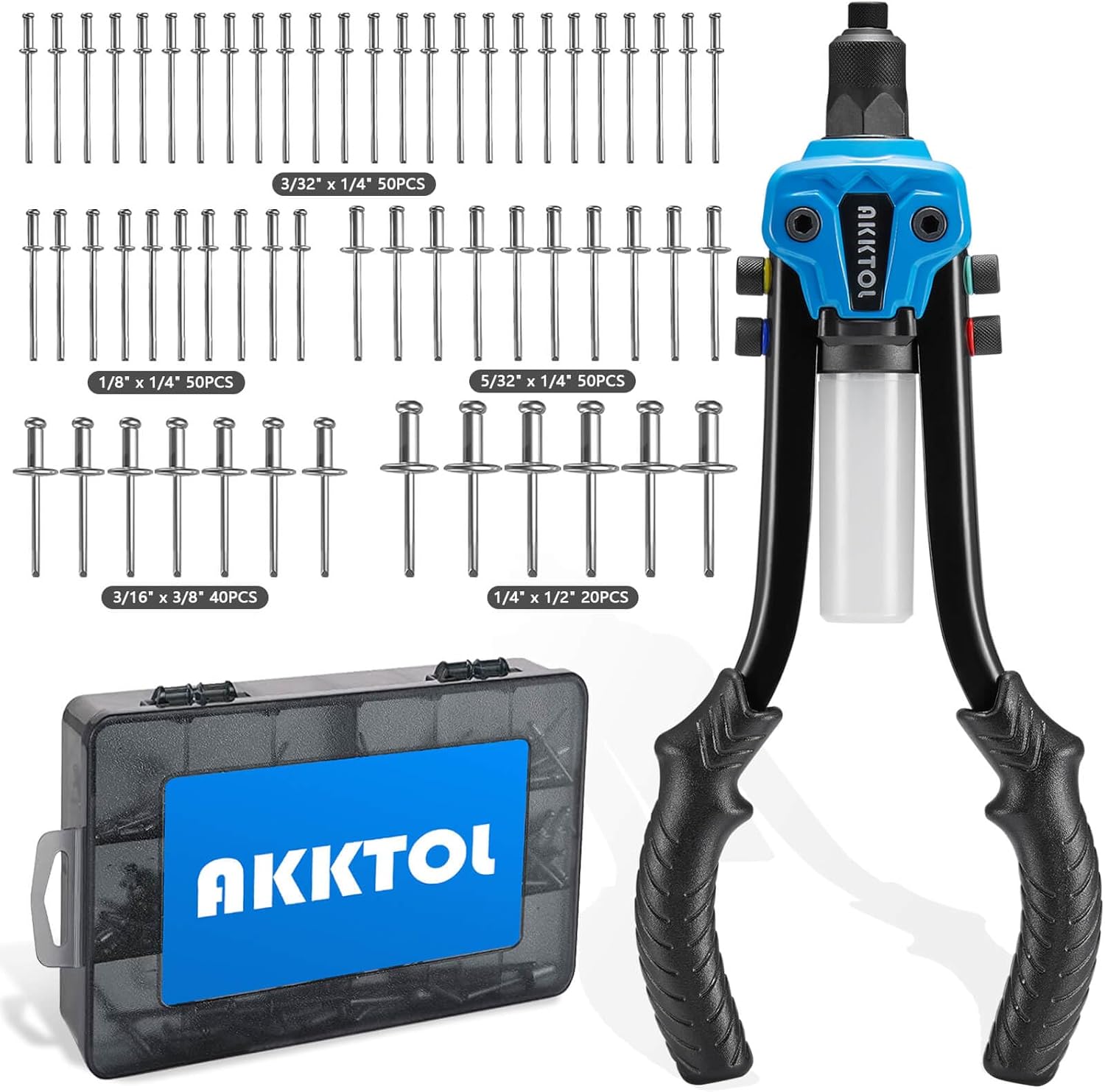 NEXTACK Rivet Gun – 350 Rivets Kit, Heavy Duty Two-Handed 1/4” Pop Rivet Gun Set (NT300) - 5 Nosepieces, Built-in Shaft Catcher  - best rivet gun