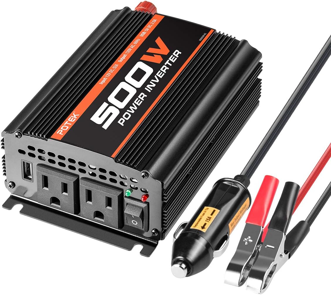 POTEK 500W Power Inverter/Car Inverter DC 12V to AC 110V Dual AC Charging Port and 2A USB Ports for Laptop, Smart Phone - best emergency power inverter for car