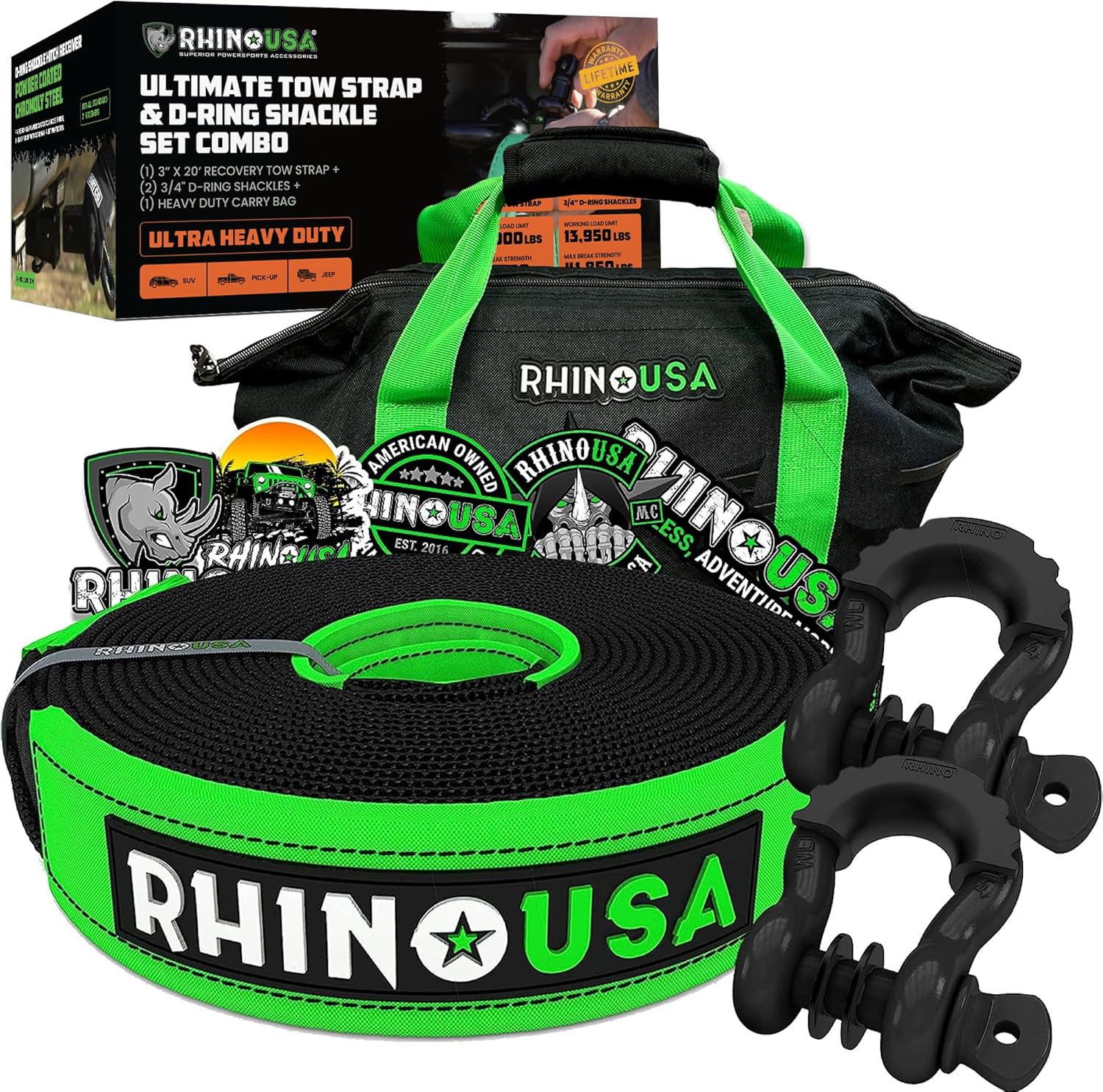 Rhino USA Heavy-Duty Recovery Gear Combos Off-Road Truck Vehicle Recovery, Best Offroad Towing Accessories - Backed for Life ( - best tow straps