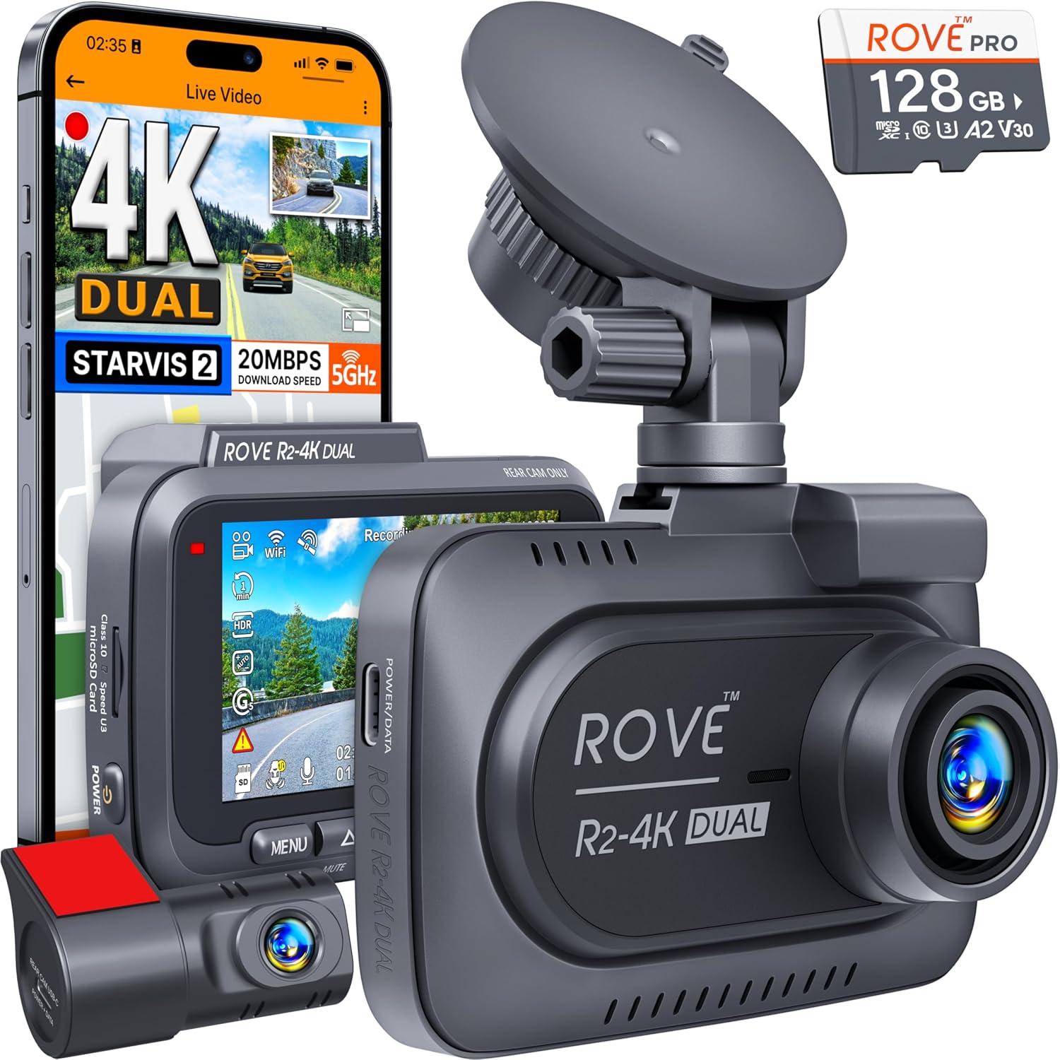ROVE R2-4K DUAL Dash Cam Front and Rear, STARVIS 2 Sensor, FREE 128GB Card Included, 5G WiFi - up to 20MB/s Fastest Download  - best 4k dash cams
