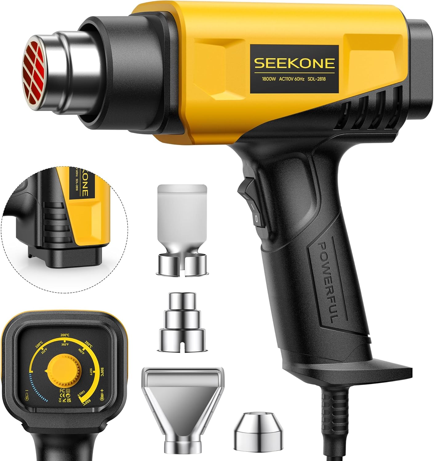 SEEKONE Heat Gun 1800W 122℉-1202℉（50℃- 650℃）Fast Heating Heavy Duty Hot Air Gun Kit Variable Temperature Control Overheat Protec - best heat gun