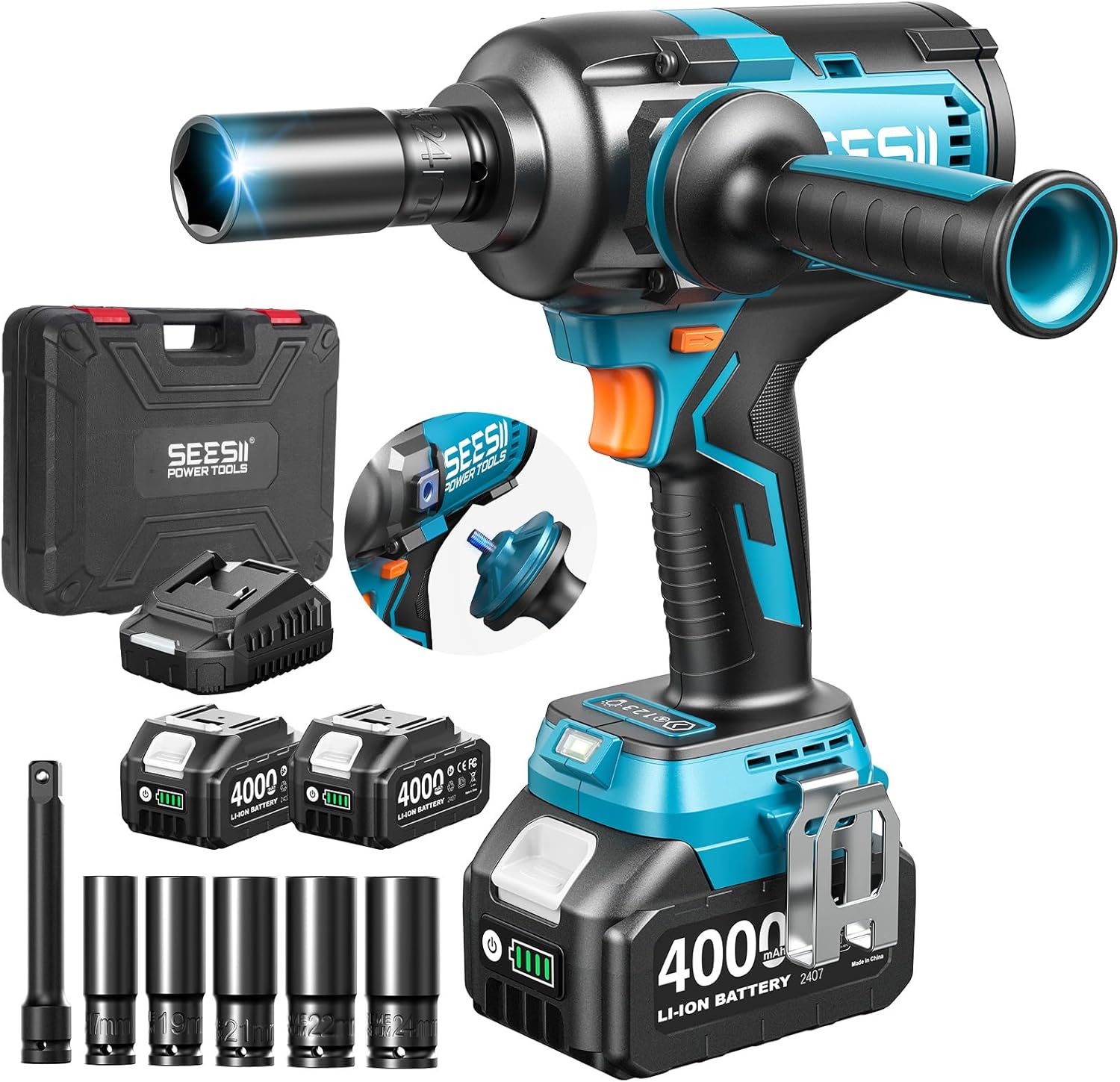 Seesii Impact Wrench 665 FT-LBS(900N.m) 3300IPM 1/2 Impact Gun High Torque Electric Impact Driver Cordless Impact Wrench with 2 - best impact wrench for lug nuts
