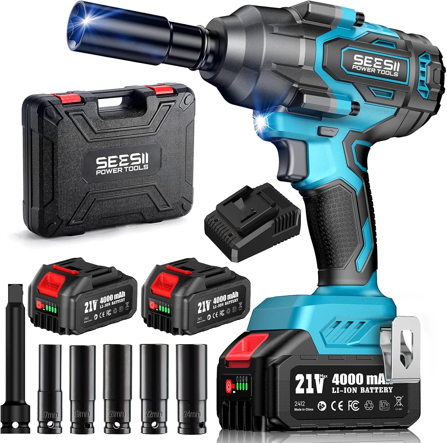 Seesii Impact Wrench 886 Ft-lbs(1200N.m), 1/2 High Torque Impact Gun with 21V 2x4.0Ah Battery, Electric Impact Driver, 2900IPM, - best impact wrench for lug nuts