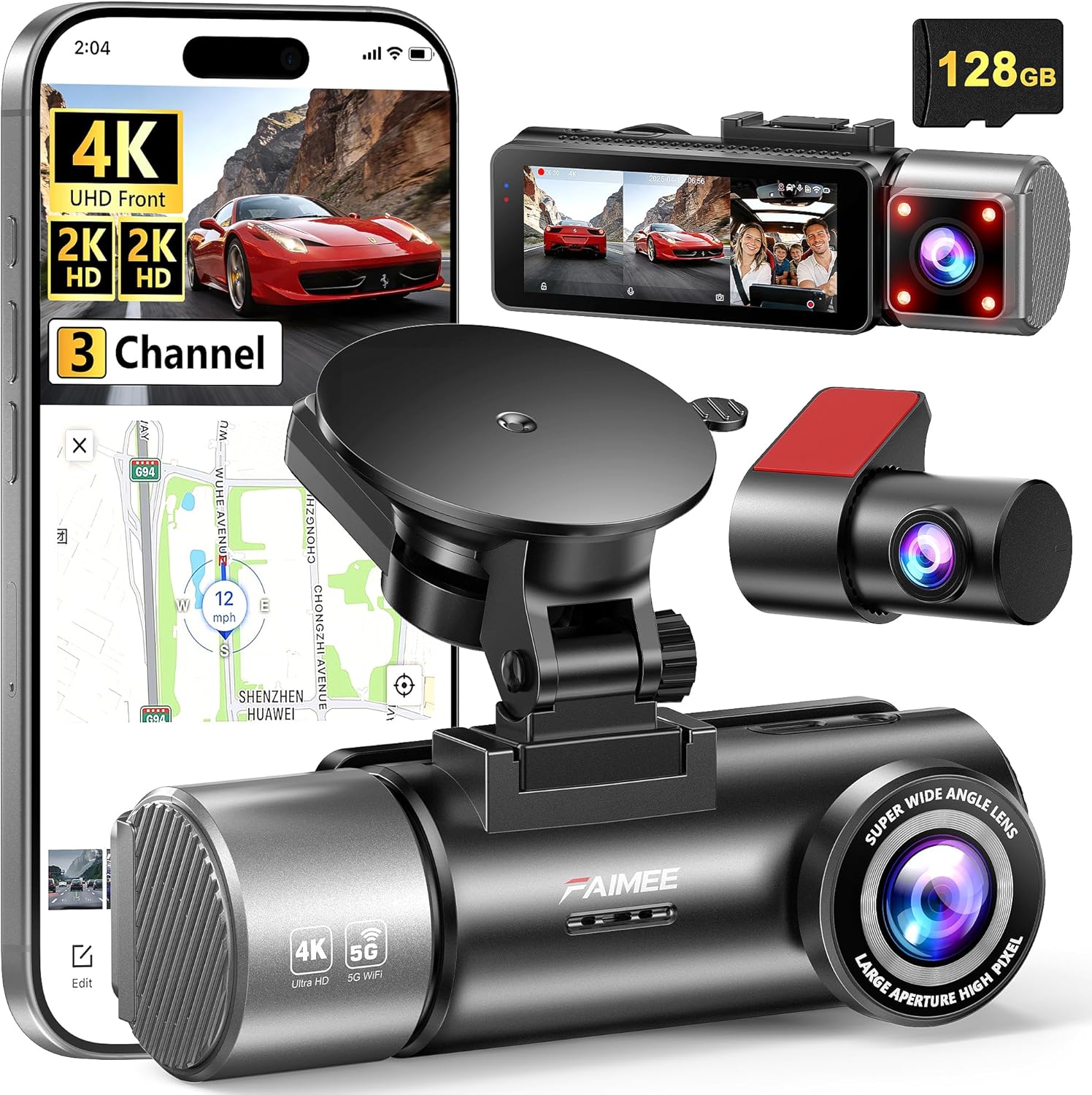 TERUNSOUl 4K Dash Cam Front and Rear, Full HD 3 Channel Dashcam, Free 128GB MicroSD Card, Built-in 5.8GHz WiFi Built-in GPS, Colli - best 4k dash cams
