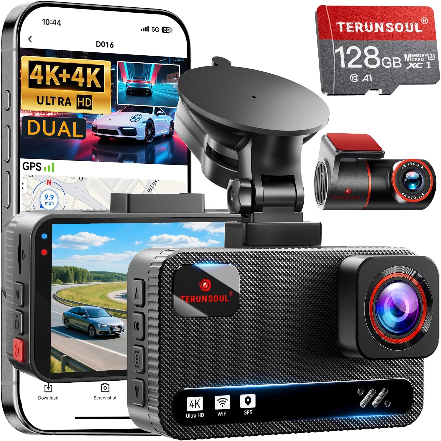 TERUNSOUl 4K Dash Cam Front and Rear, Full HD 3 Channel Dashcam, Free 128GB MicroSD Card, Built-in 5.8GHz WiFi Built-in GPS, Colli - best dash cams for night vision