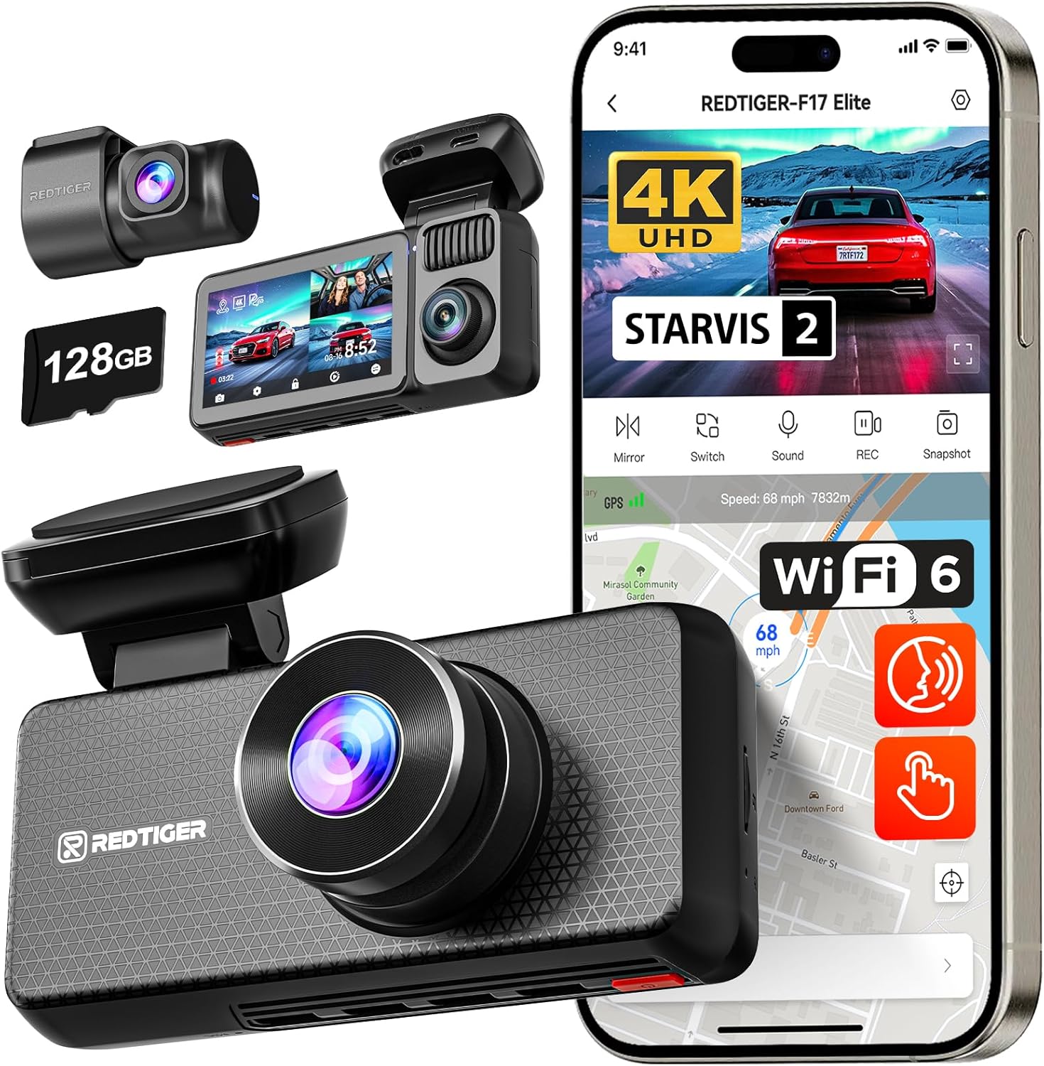 TERUNSOUl 4K+4K Dash Cam Front and Rear, Free 128GB Card Included, 5.8GHz WiFi Dash Camera for Cars, Built-in GPS, G-Sensor, 170°W - best dash cams for night vision