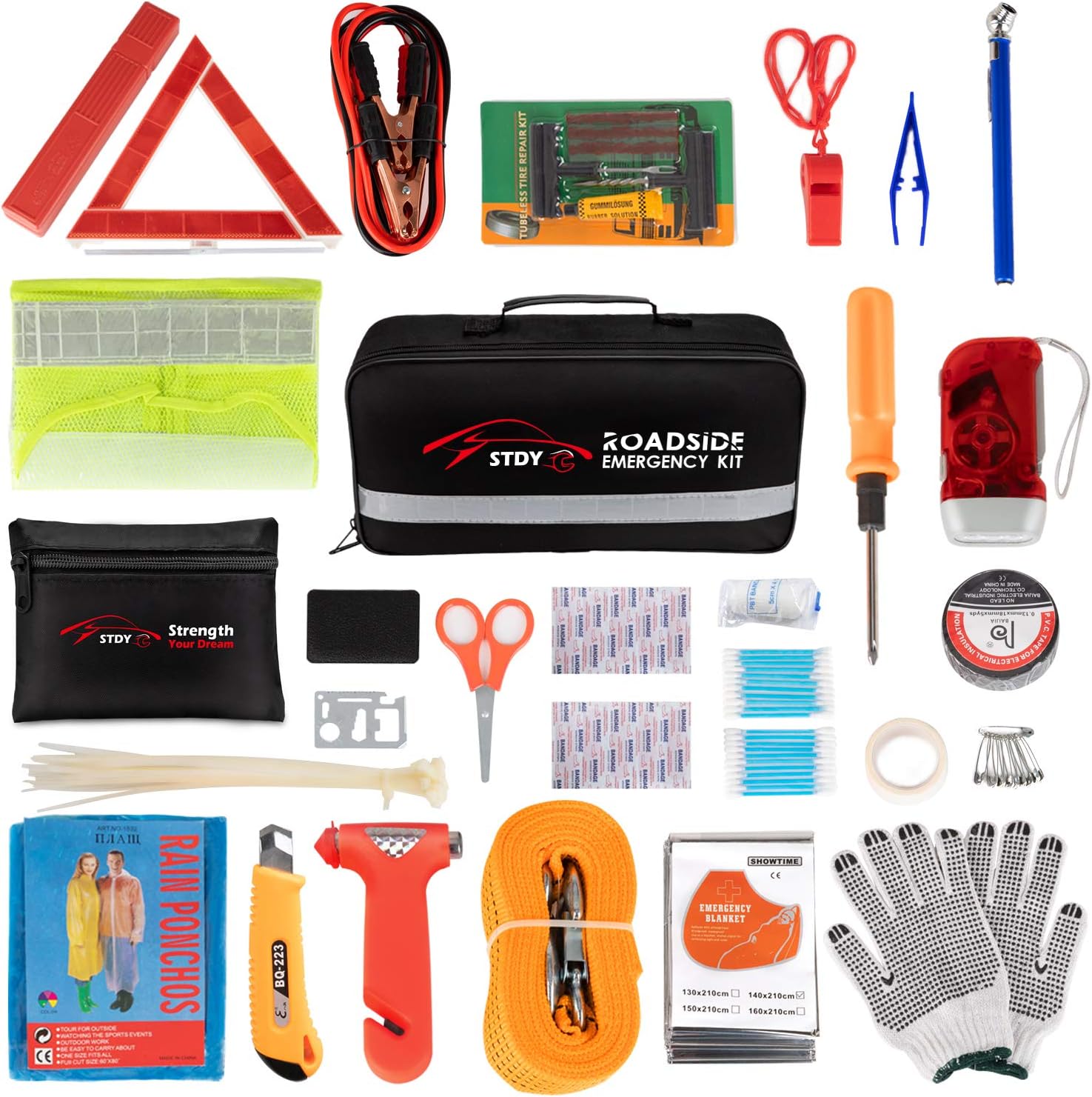 Thrive Car Emergency Kit & Roadside Emergency Car Kit - 104-Piece Set, Red Canvas Bag, Universal Fit - Jumper Cables, Escape Ha - best car emergency kits