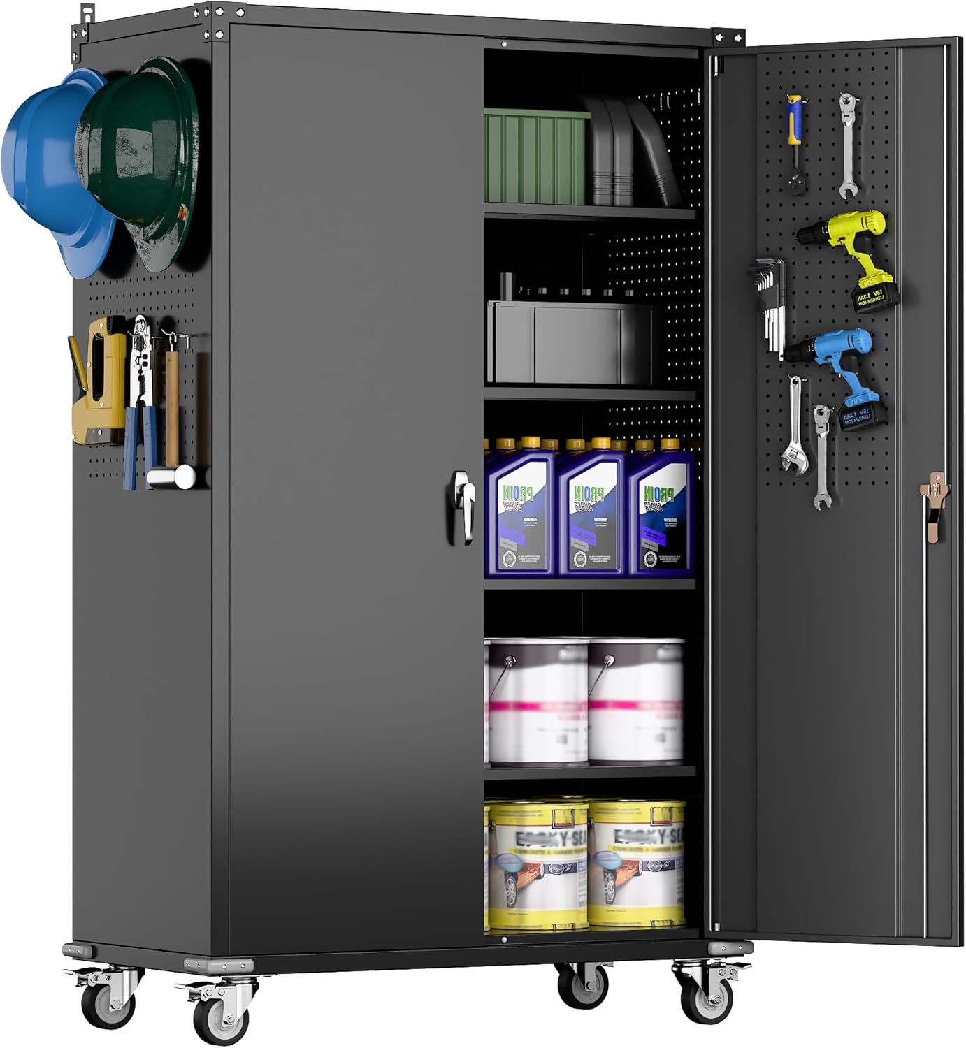 Upgraded Tall & Wide Metal Storage Cabinet with Doors & 4 Adjustable Shelves | Heavy-Duty Black Lockable Garage Cabinet with Whee