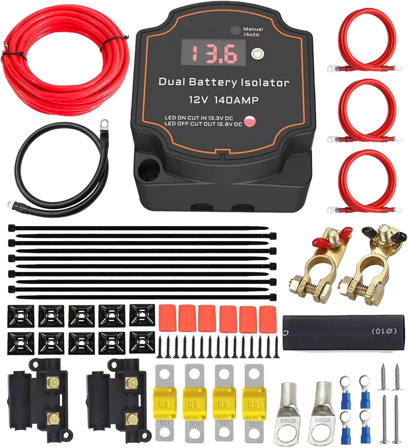 VEVOR Split Charge Relay Kit, 6mtr 12V, Automatic Dual Battery Isolator Kit with 140AMP Voltage Sense Relay VSR, Compatible wi