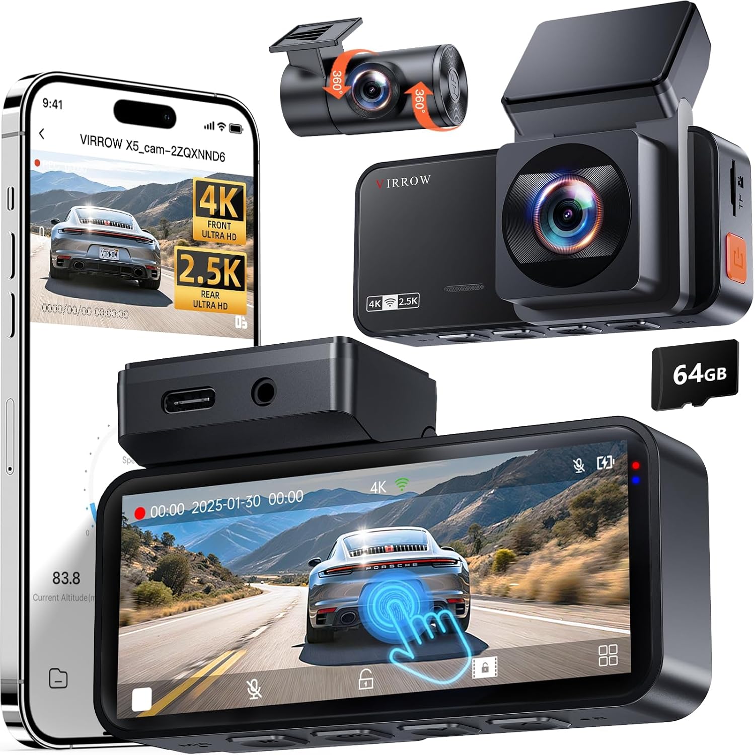 VIRROW Dash Cam Front and Rear: 4K+2.5K Dash Camera for Cars with Touch Screen 3.39