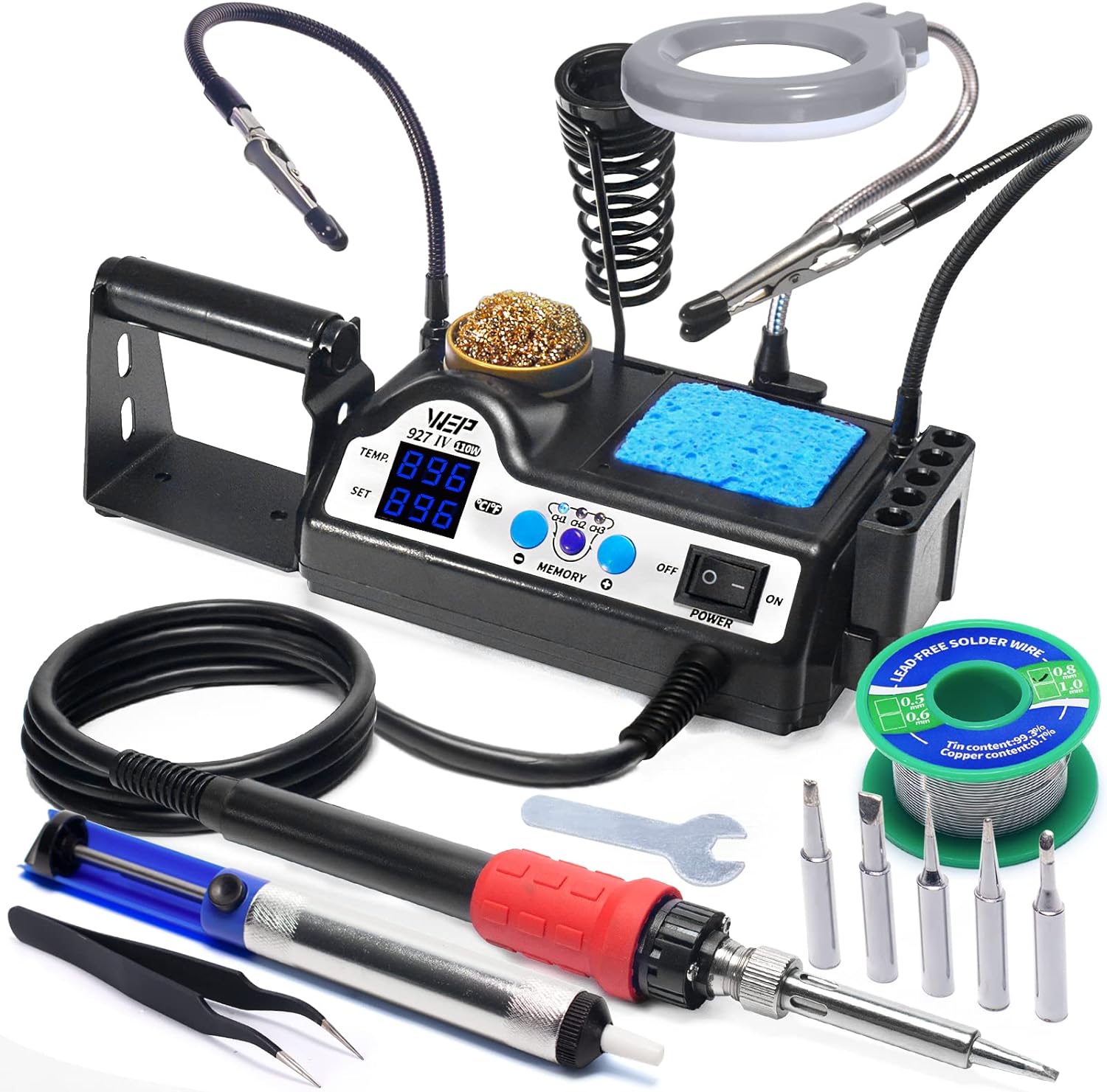 WEP 927-IV Soldering Station Kit High-Power 110W with 3 Preset Channels, Sleep Mode, LED Magnifier, 5 Extra Iron Tips, Tip C - best soldering iron kit