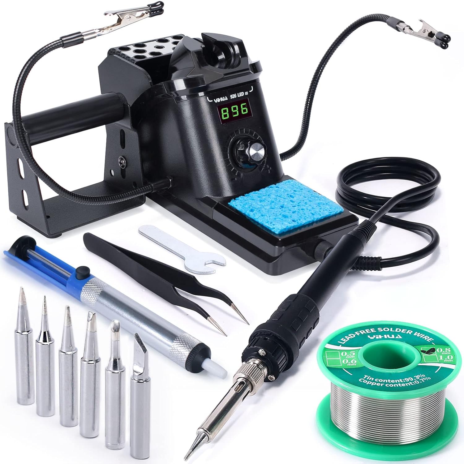 YIHUA 926 III 60W Digital Display Soldering Iron Station Kit w 2 Helping Hands, 6 Extra Iron Tips, Lead-Free Solder, Solder Su - best soldering iron kit