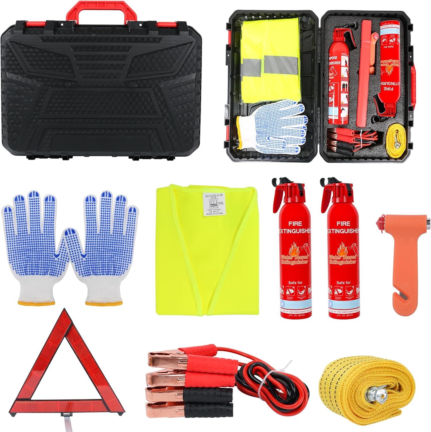 ziqianhard Roadside Car Emergency Safety Kits, Automotive Assistance Tools with 2 Pack Fire Extinguishers, Jumper Cables, Safety Ha - best car fire extinguishers